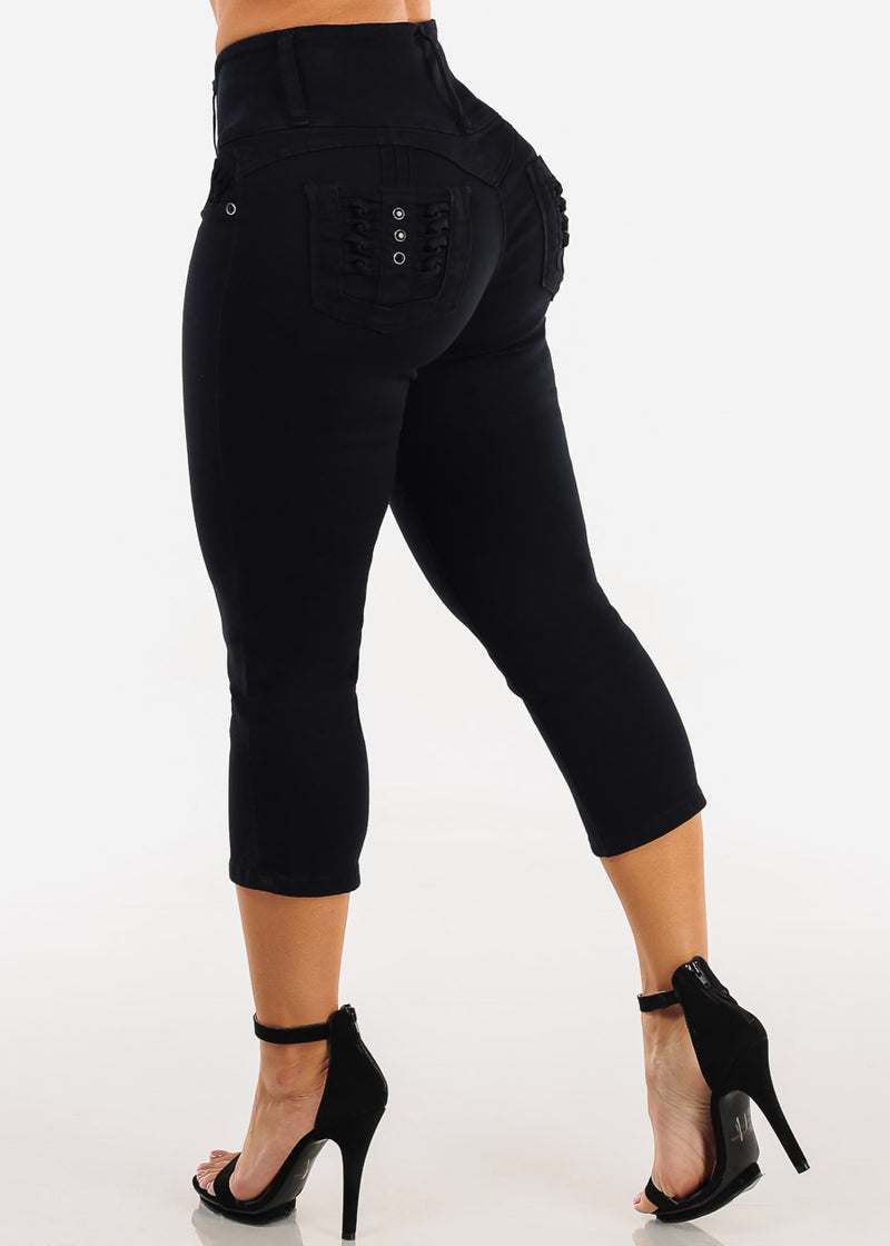 MX JEANS Black Butt Lift High Waist Stretch Denim Capris w Back Pocket Design