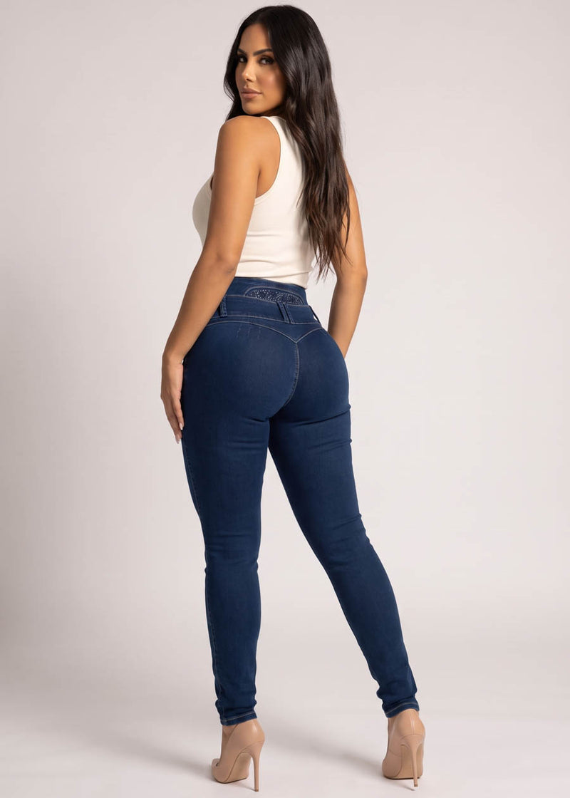 MX JEANS Embroidered Back Butt Lift Stretch Skinny Jeans Dark Wash