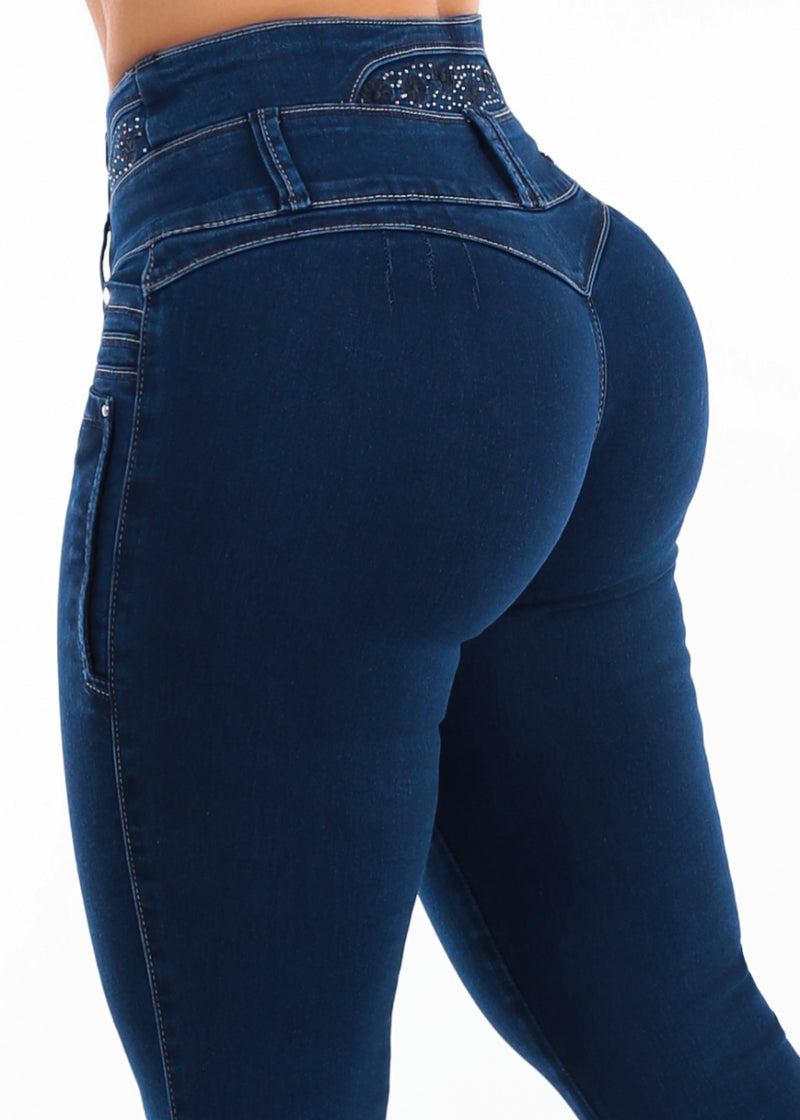 MX JEANS Embroidered Back Butt Lift Stretch Skinny Jeans Dark Wash