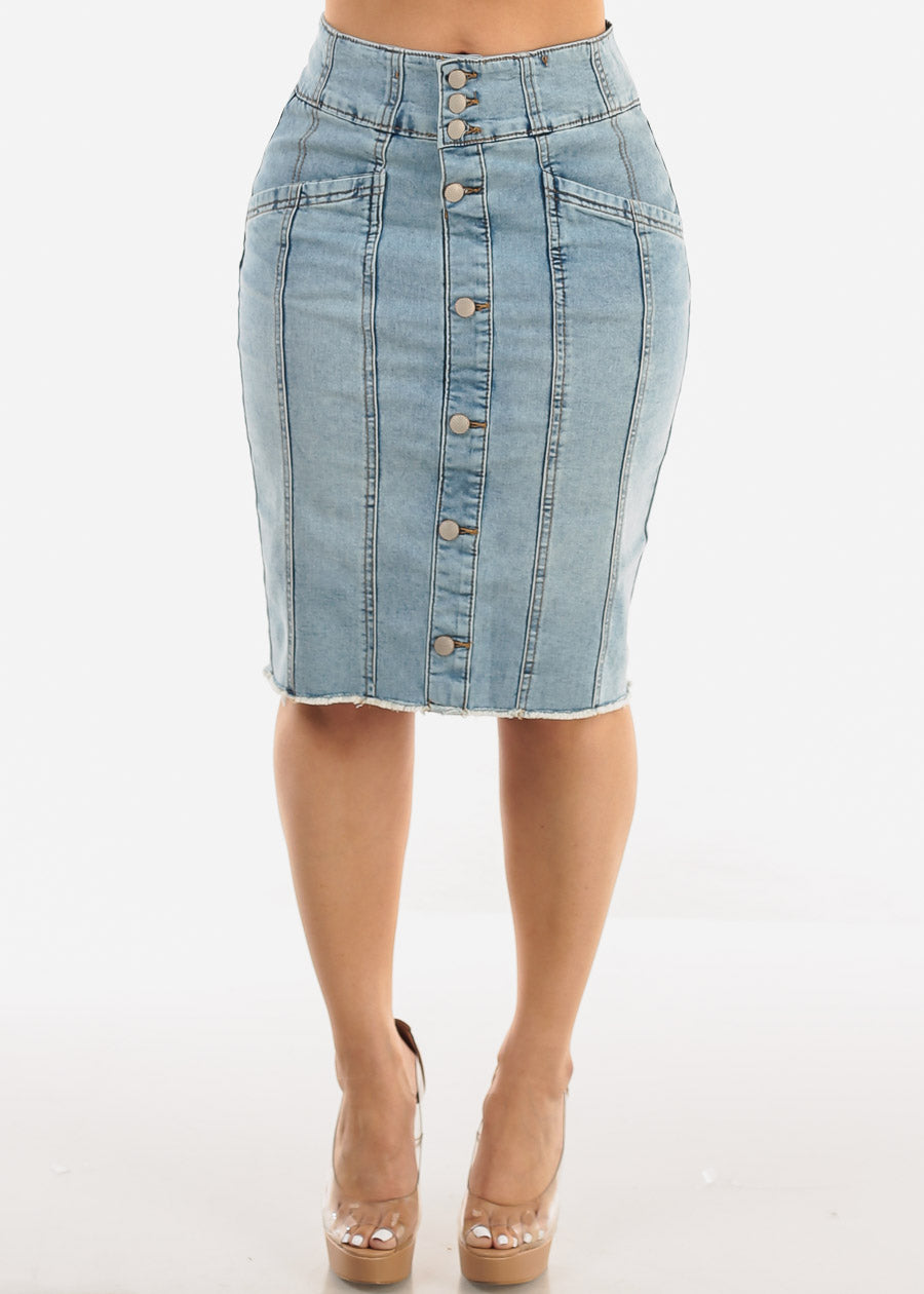 Button Up Denim Fringe Hem Pencil Skirt Light Wash