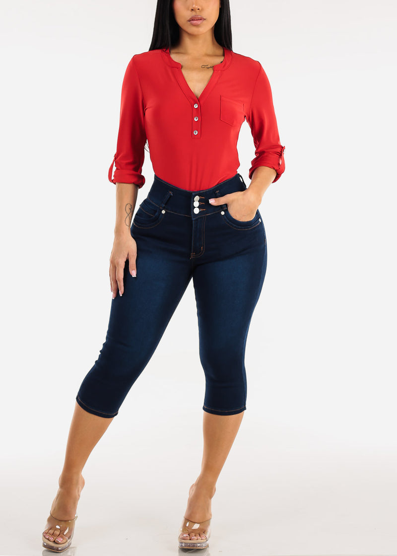 Butt Lift High Waisted Stretch Denim Capris Dark Blue