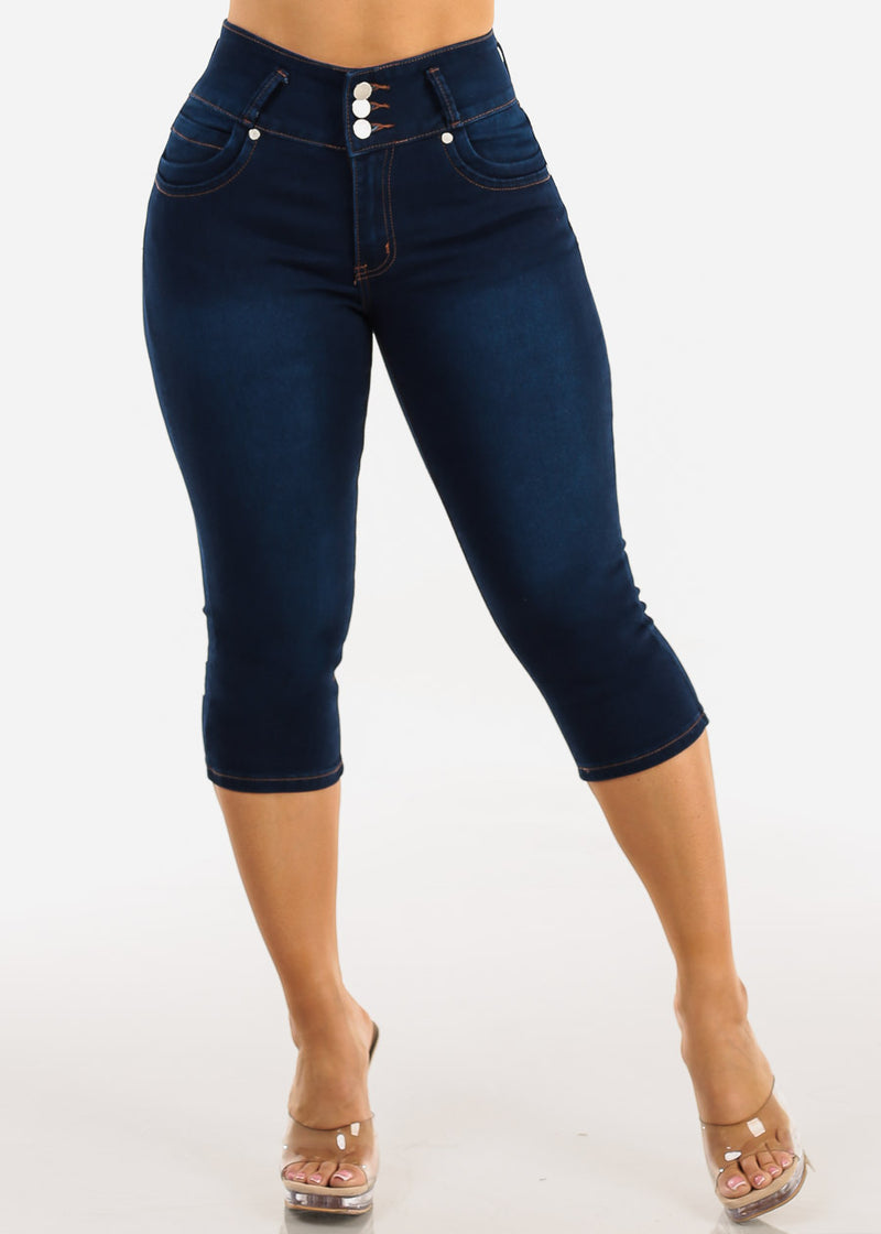 Butt Lift High Waisted Stretch Denim Capris Dark Blue