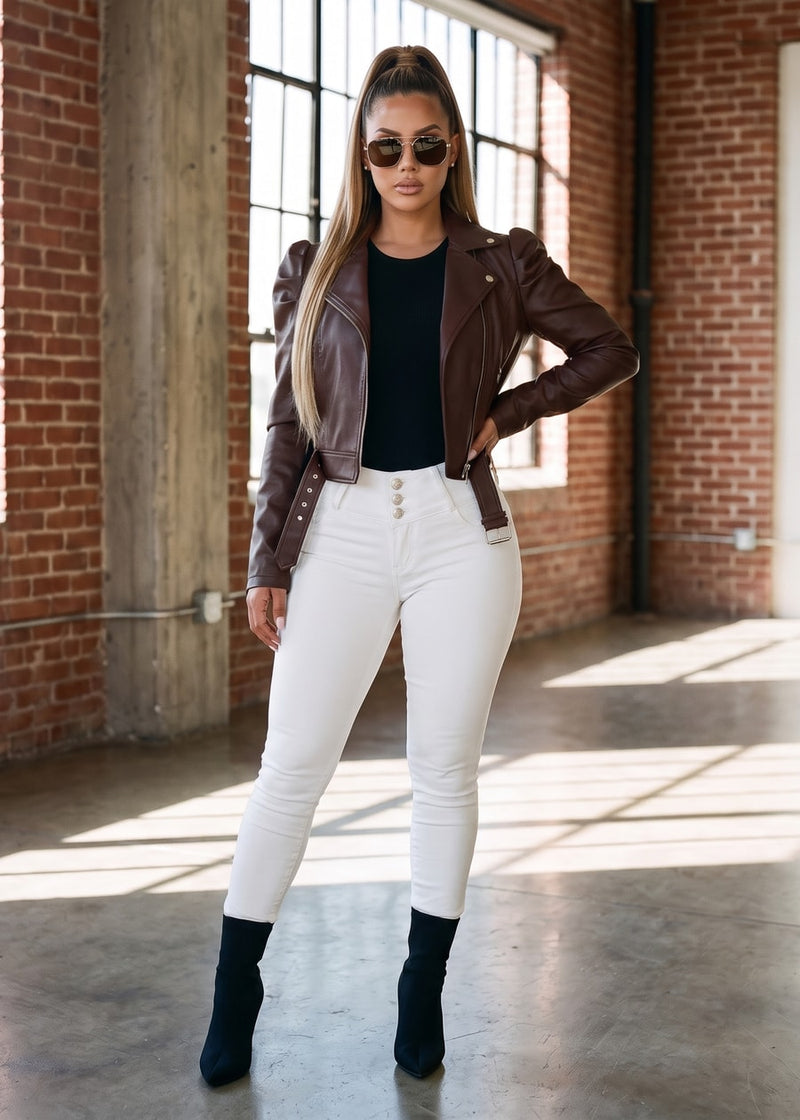 Vegan Leather Puff Sleeve Zip Up Jacket Brown