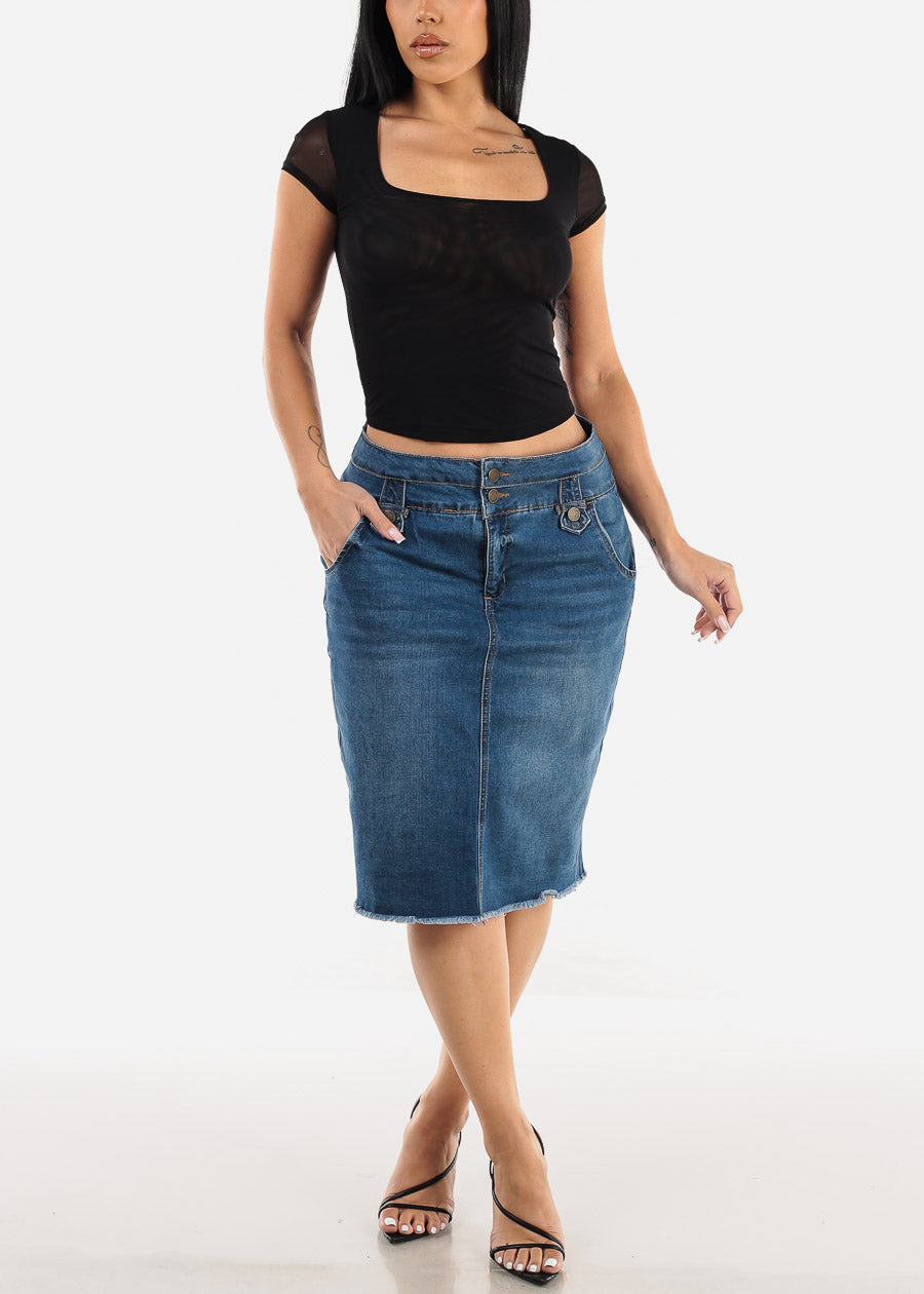 Butt Lifting Denim Fringe Hem Pencil Skirt Med Blue