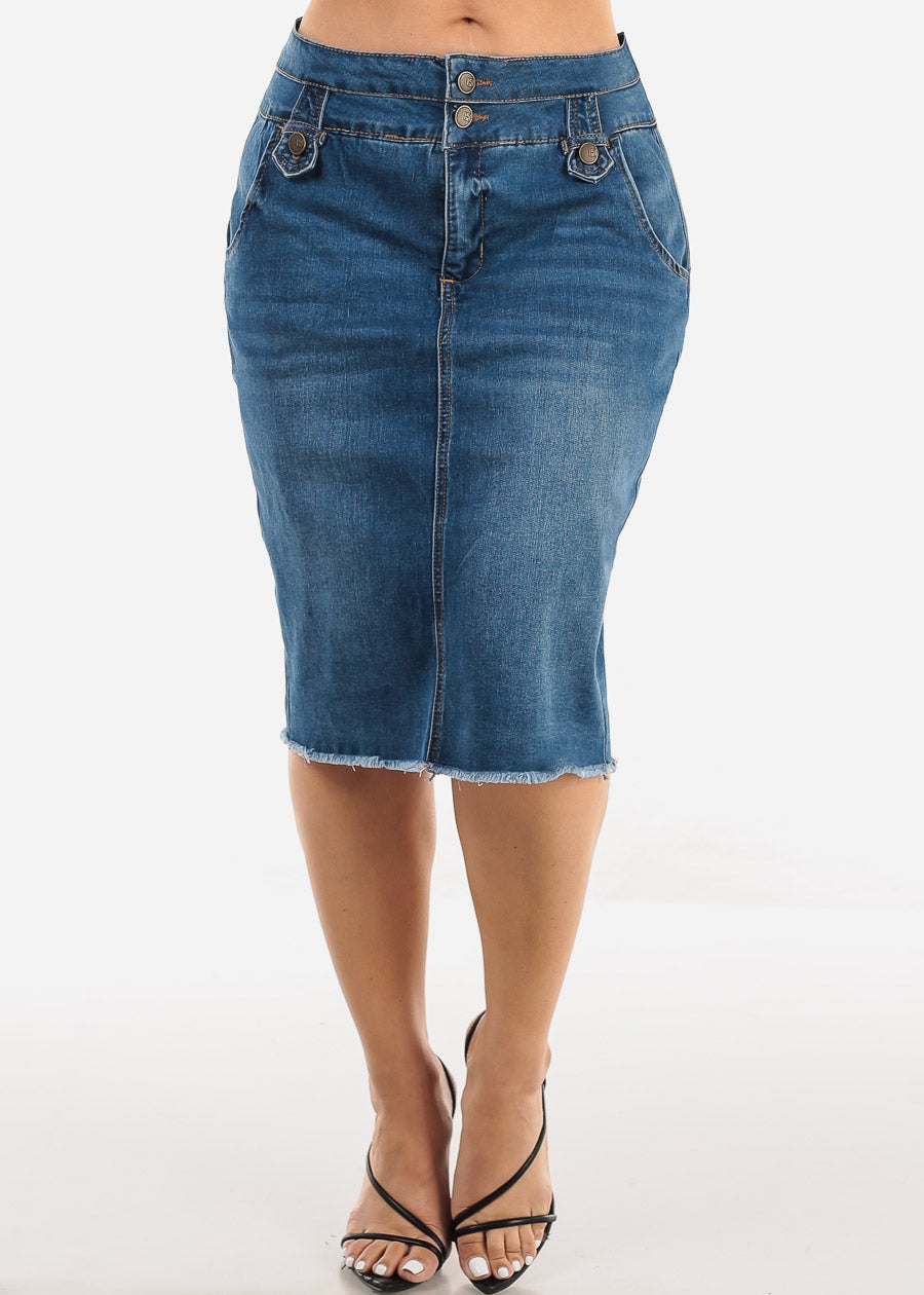 Butt Lifting Denim Fringe Hem Pencil Skirt Med Blue