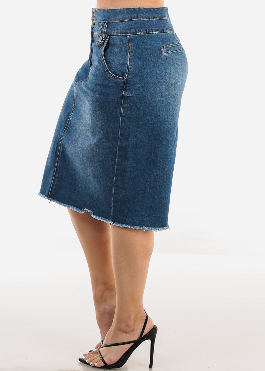 Butt Lifting Denim Fringe Hem Pencil Skirt Med Blue