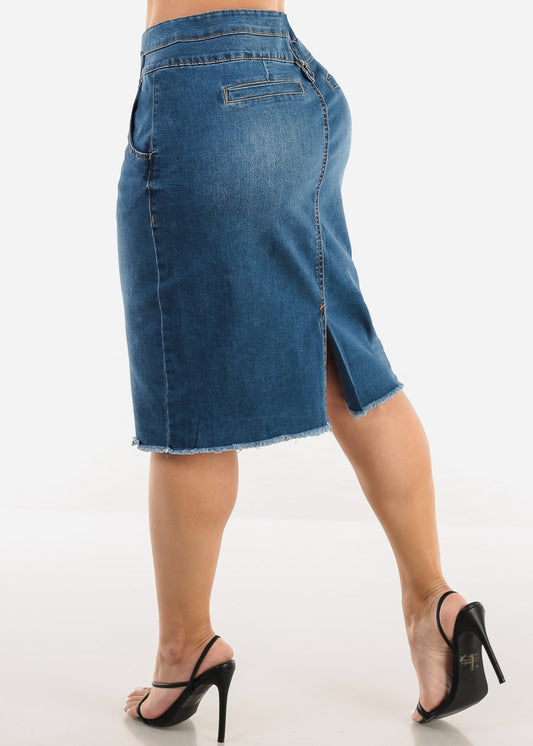 Butt Lifting Denim Fringe Hem Pencil Skirt Med Blue