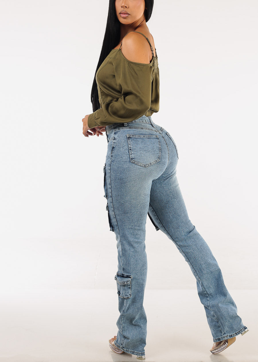 Stretchy High Waist Stacked Leg Cargo Jeans Acid Wash