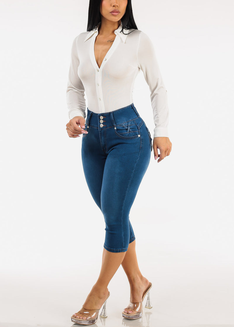 Butt Lift High Waisted Stretch Denim Capris Indigo w Back Pocket Design