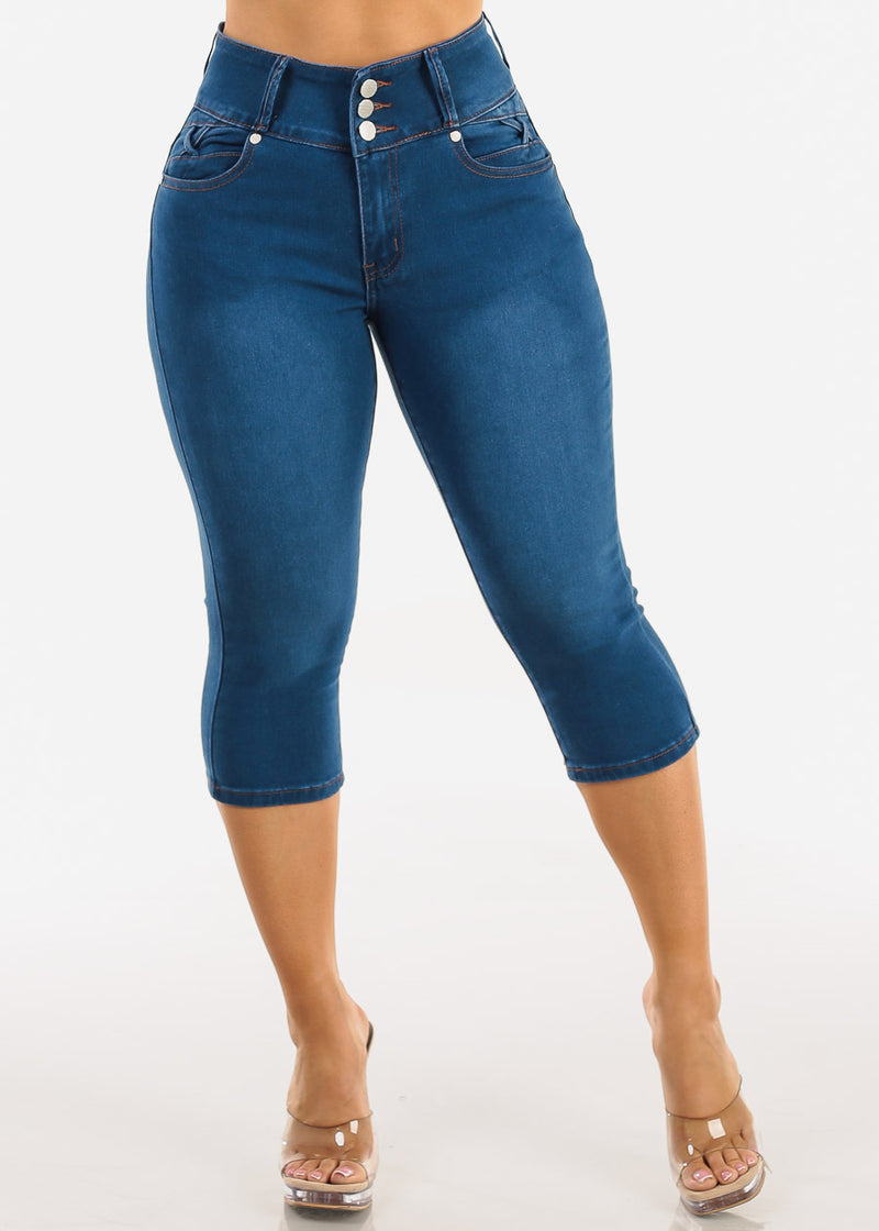 Butt Lift High Waisted Stretch Denim Capris Indigo w Back Pocket Design