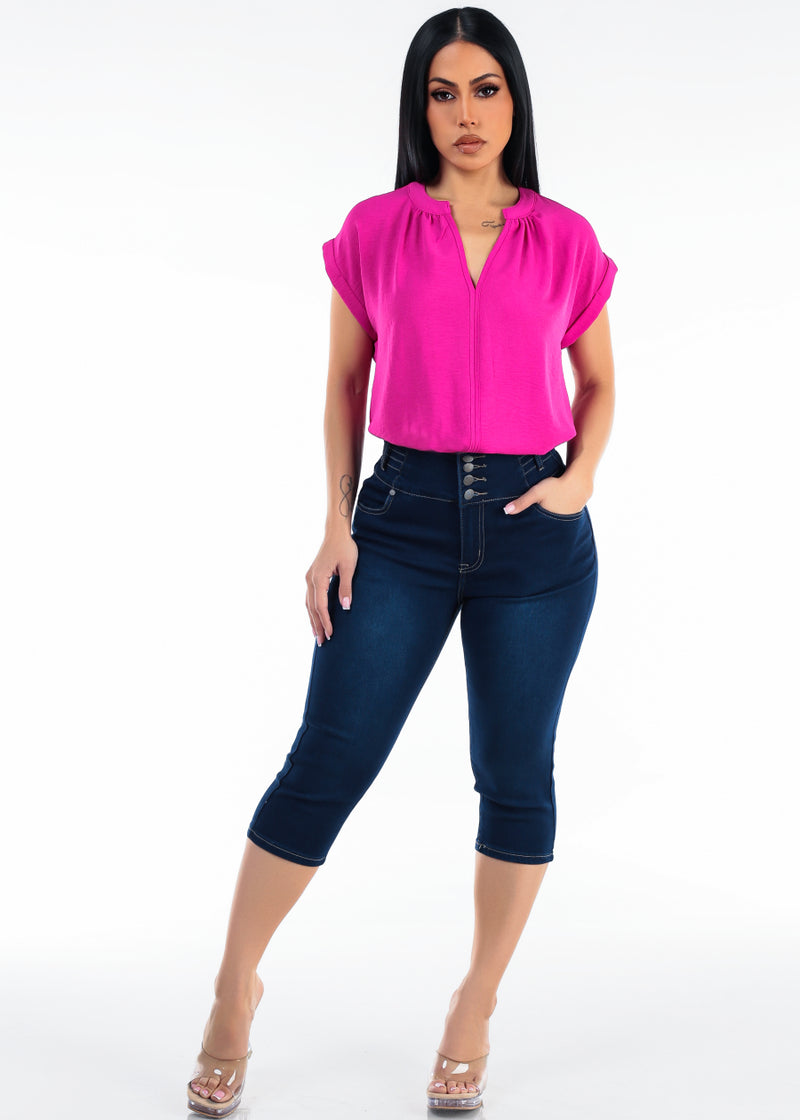MX JEANS Levantacola Super High Waist Stretch Dark Denim Capris w Back Pocket Design