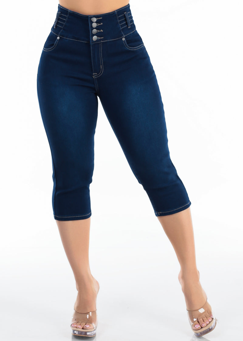 MX JEANS Levantacola Super High Waist Stretch Dark Denim Capris w Back Pocket Design