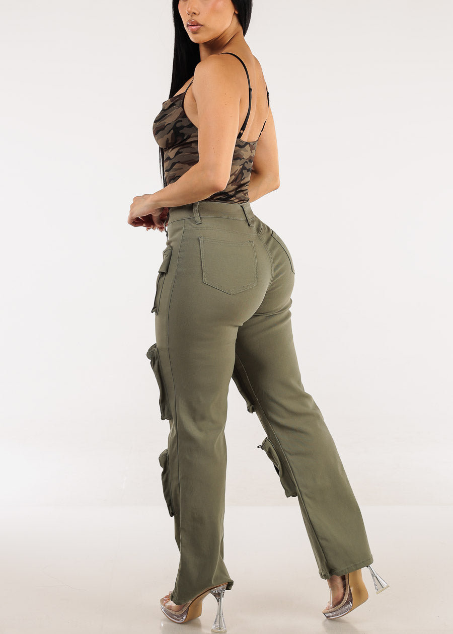 Hyper Stretch Straight Wide Leg Cargo Pants Olive
