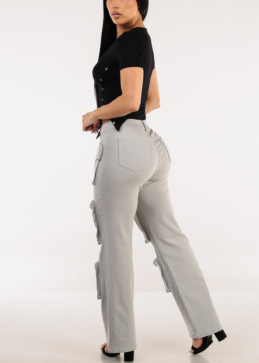 Hyper Stretch Straight Wide Leg Cargo Pants Grey