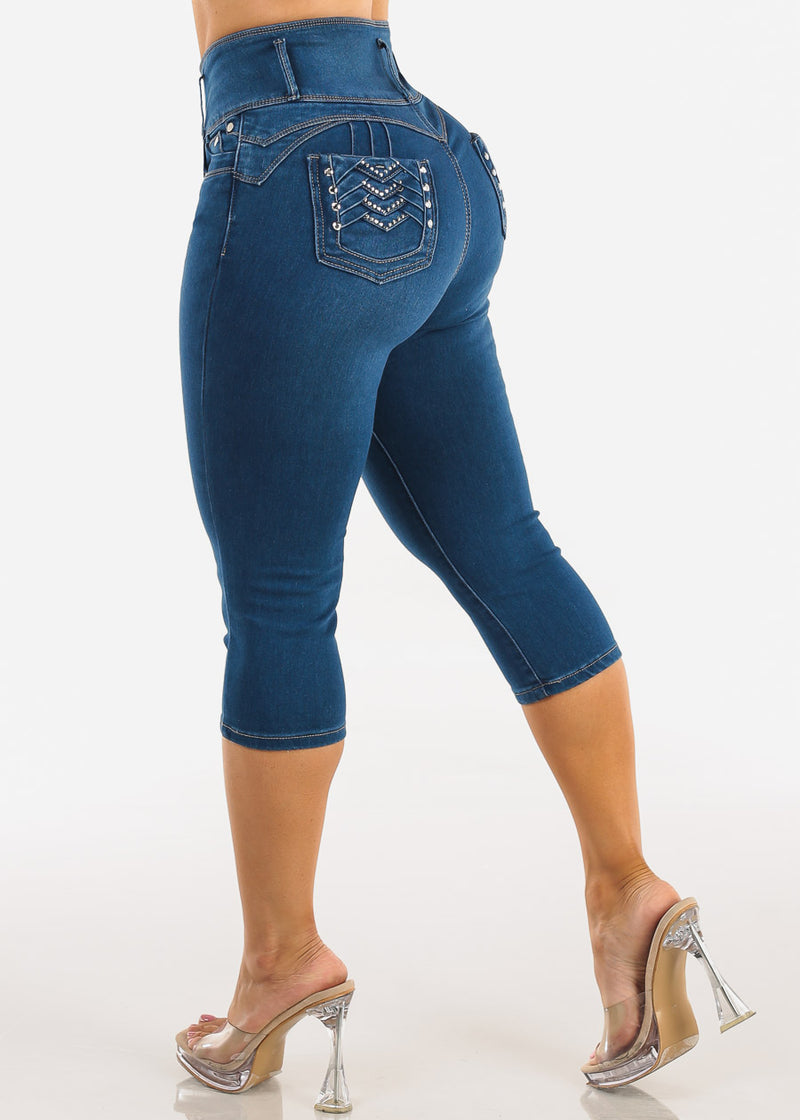 MX JEANS Butt Lift High Waist Stretch Denim Capris Indigo