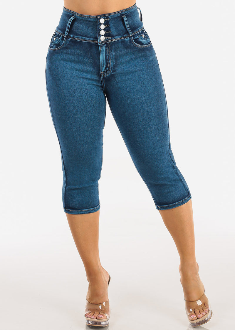 MX JEANS Butt Lift High Waist Stretch Denim Capris Med Sand Wash