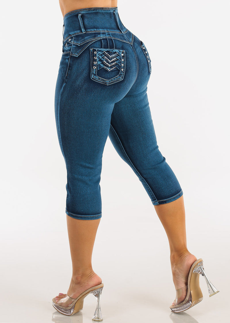 MX JEANS Butt Lift High Waist Stretch Denim Capris Med Sand Wash