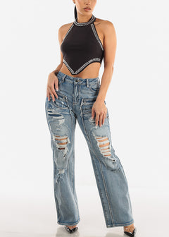 High Waisted Distressed Wide Leg Straight Jeans