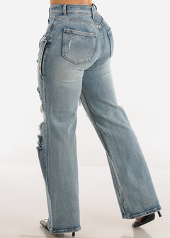 High Waisted Distressed Wide Leg Straight Jeans