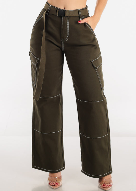 High Waist Straight Wide Leg Olive Cargo Pants w Belt