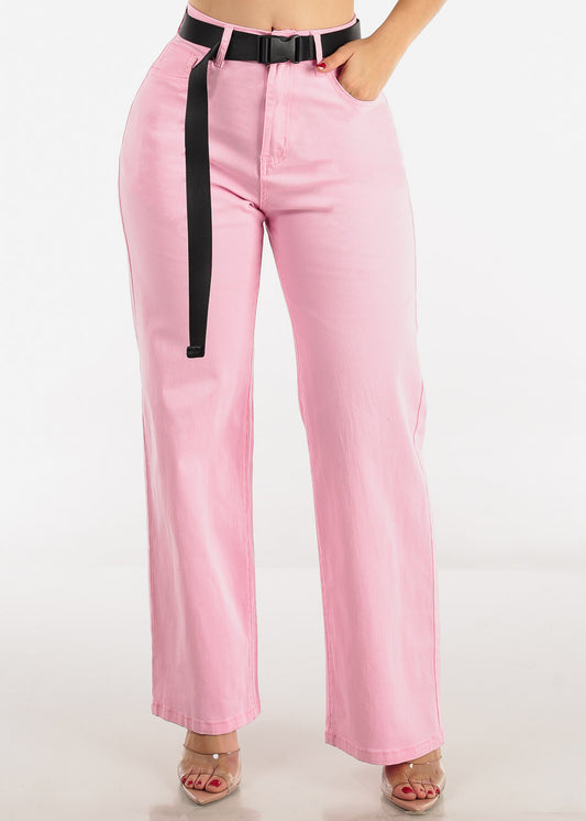 High Waist Straight Wide Leg Pink Pants w Belt