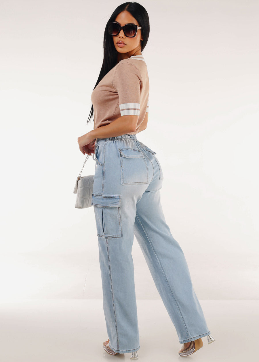 Super High Waist Stretch Wide Leg Cargo Jeans Light Wash