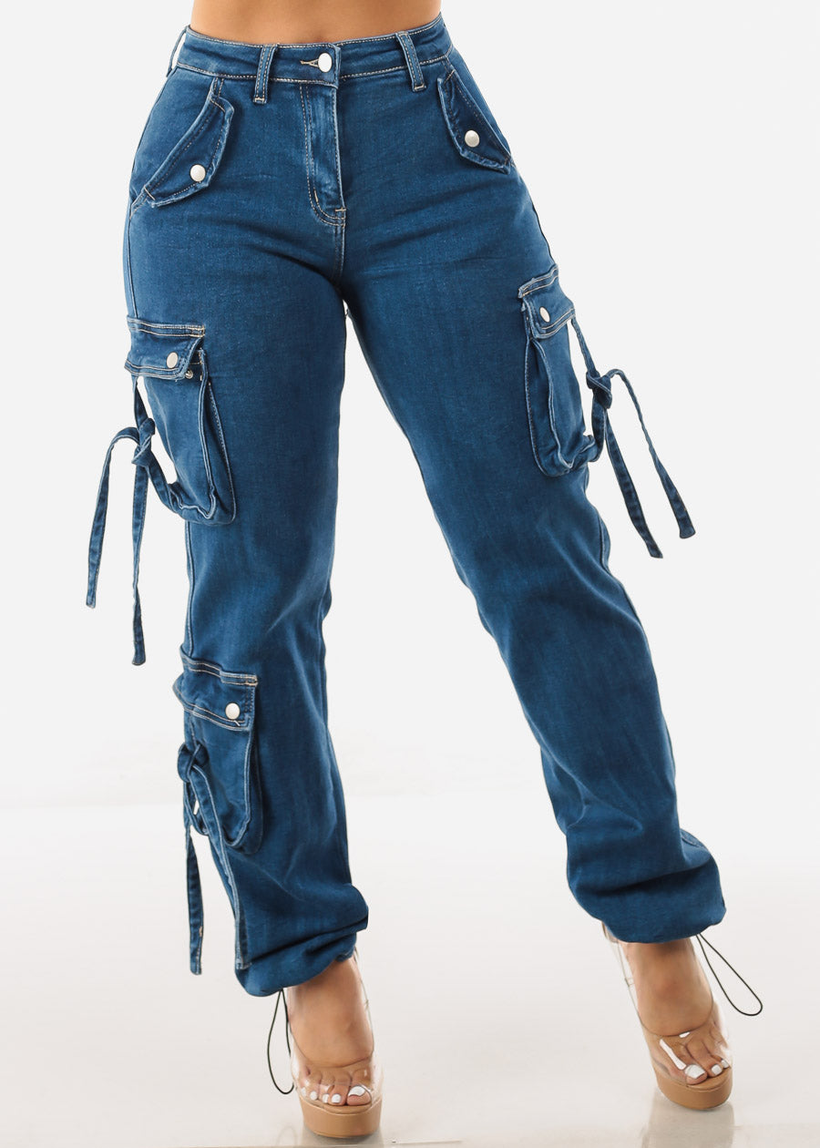 Butt Lift Straight Wide Leg Cargo Denim Jeans Med Blue