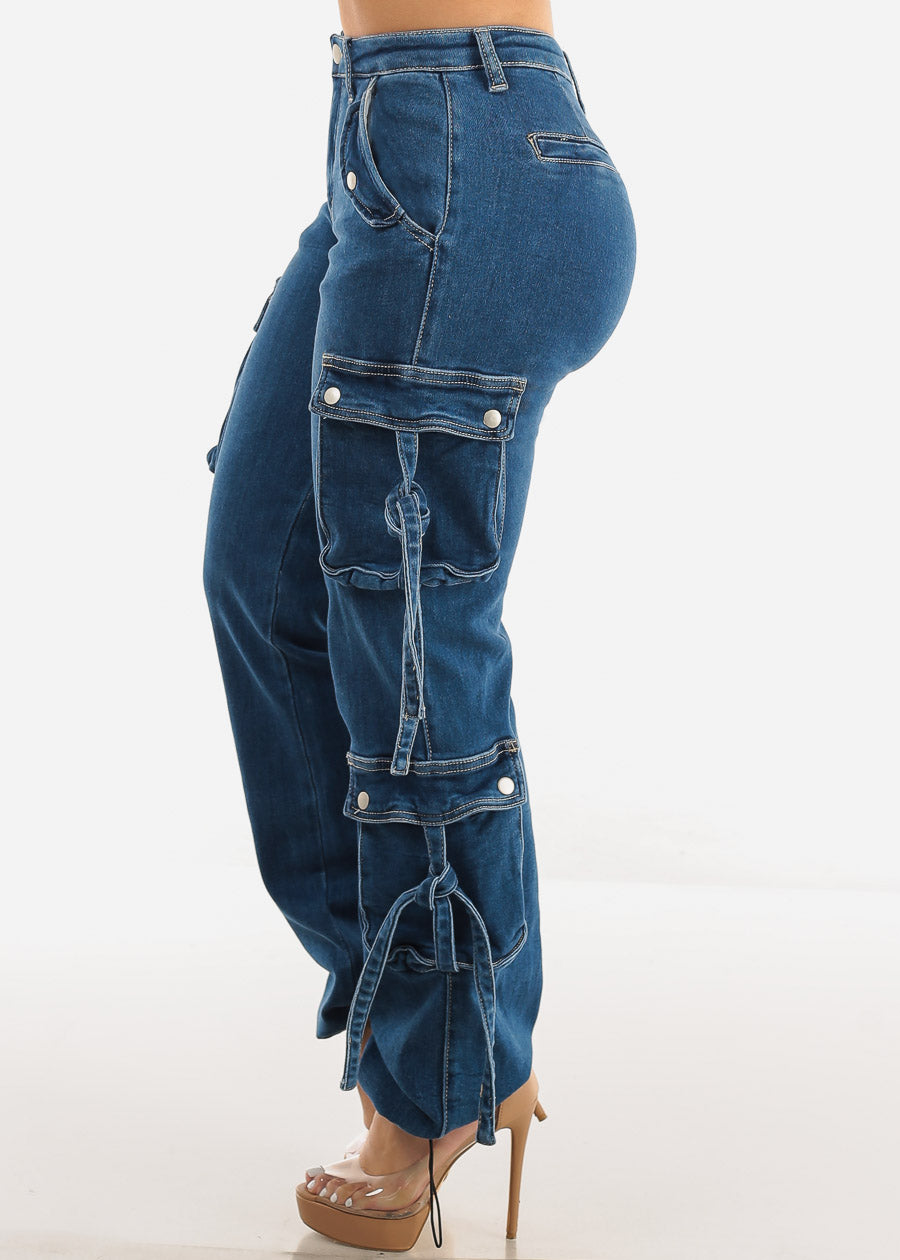 Butt Lift Straight Wide Leg Cargo Denim Jeans Med Blue