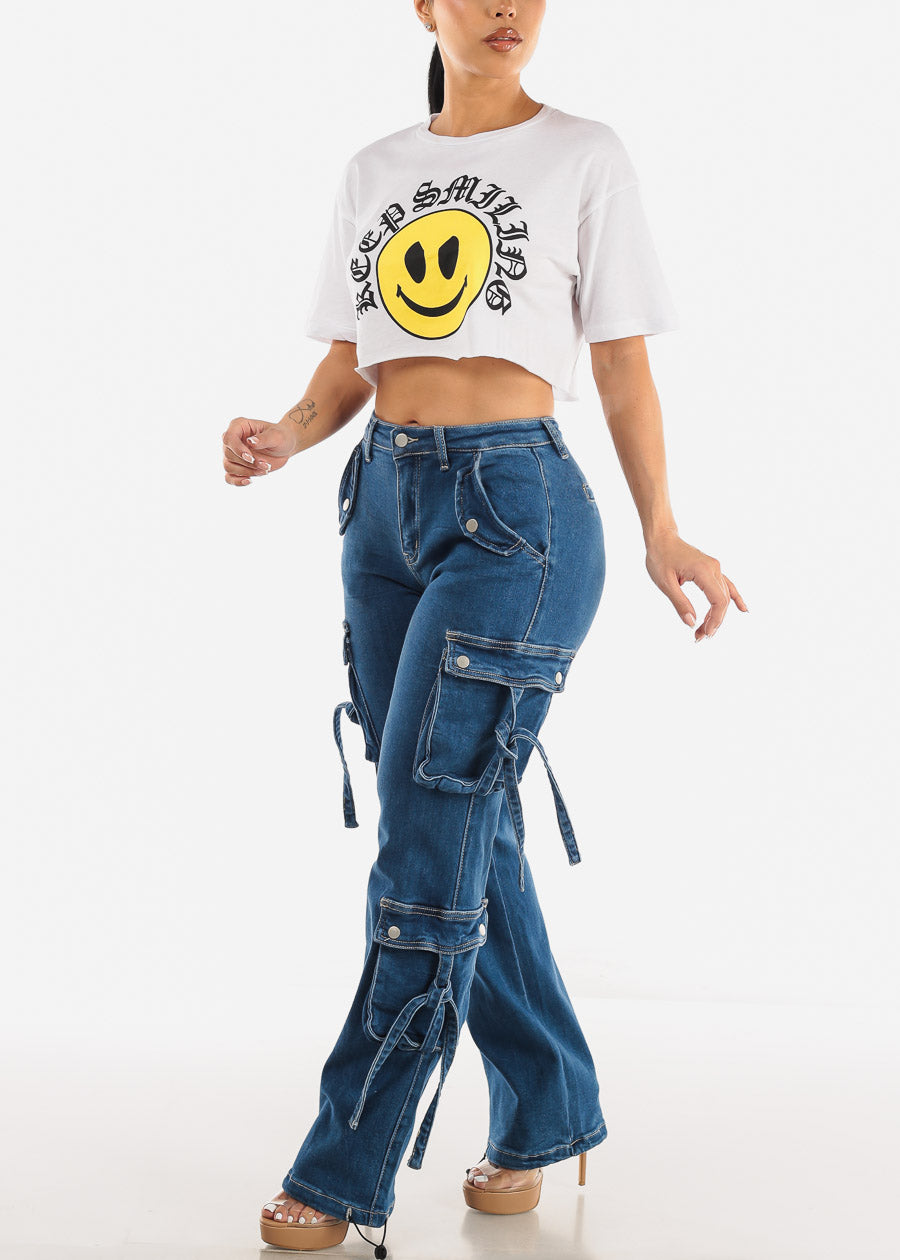 Butt Lift Straight Wide Leg Cargo Denim Jeans Med Blue