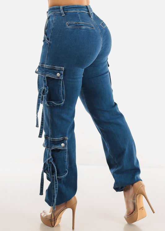 Butt Lift Straight Wide Leg Cargo Denim Jeans Med Blue