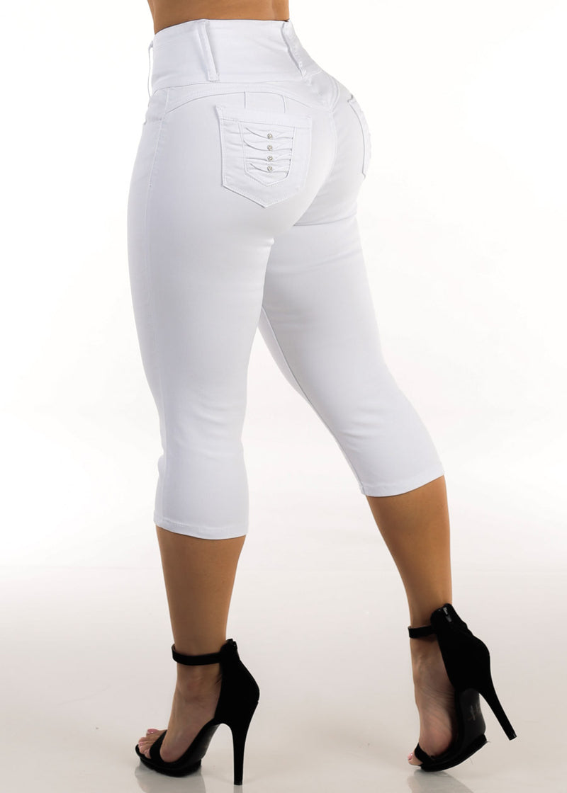 MX JEANS Butt Lift High Waisted Stretchy Denim Capris White