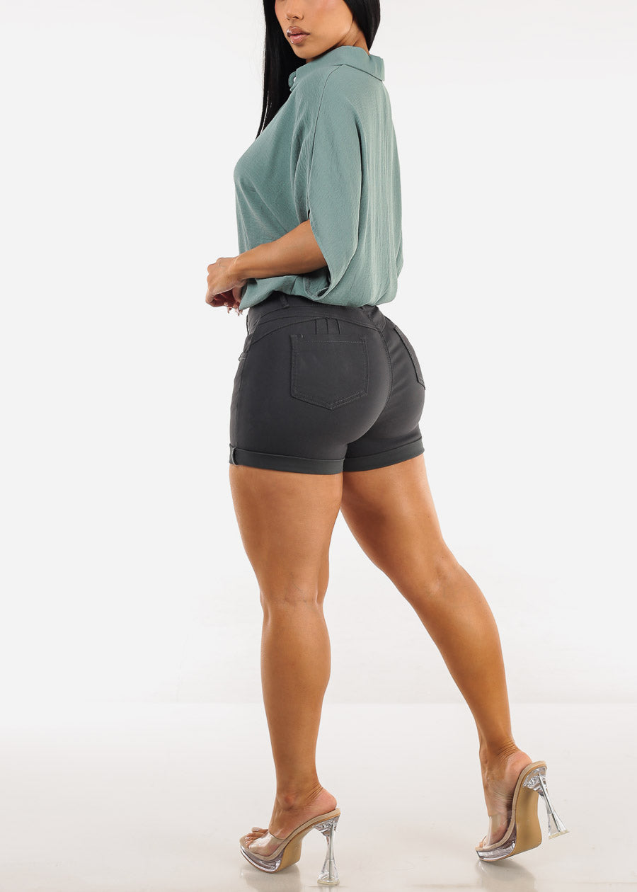 MX JEANS High Waist Hyper Stretch Butt Lifting Mid Thigh Shorts Grey