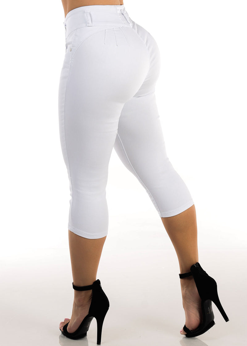 MX JEANS Butt Lift High Rise Stretch Denim Capris White