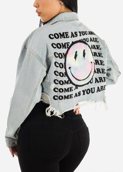 Blue Graphic Cropped Denim Jacket "Come As You Are"
