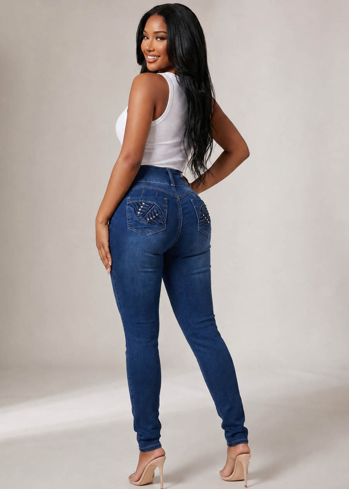 Butt Lift Mid Rise Stretch Skinny Jeans Dark Blue
