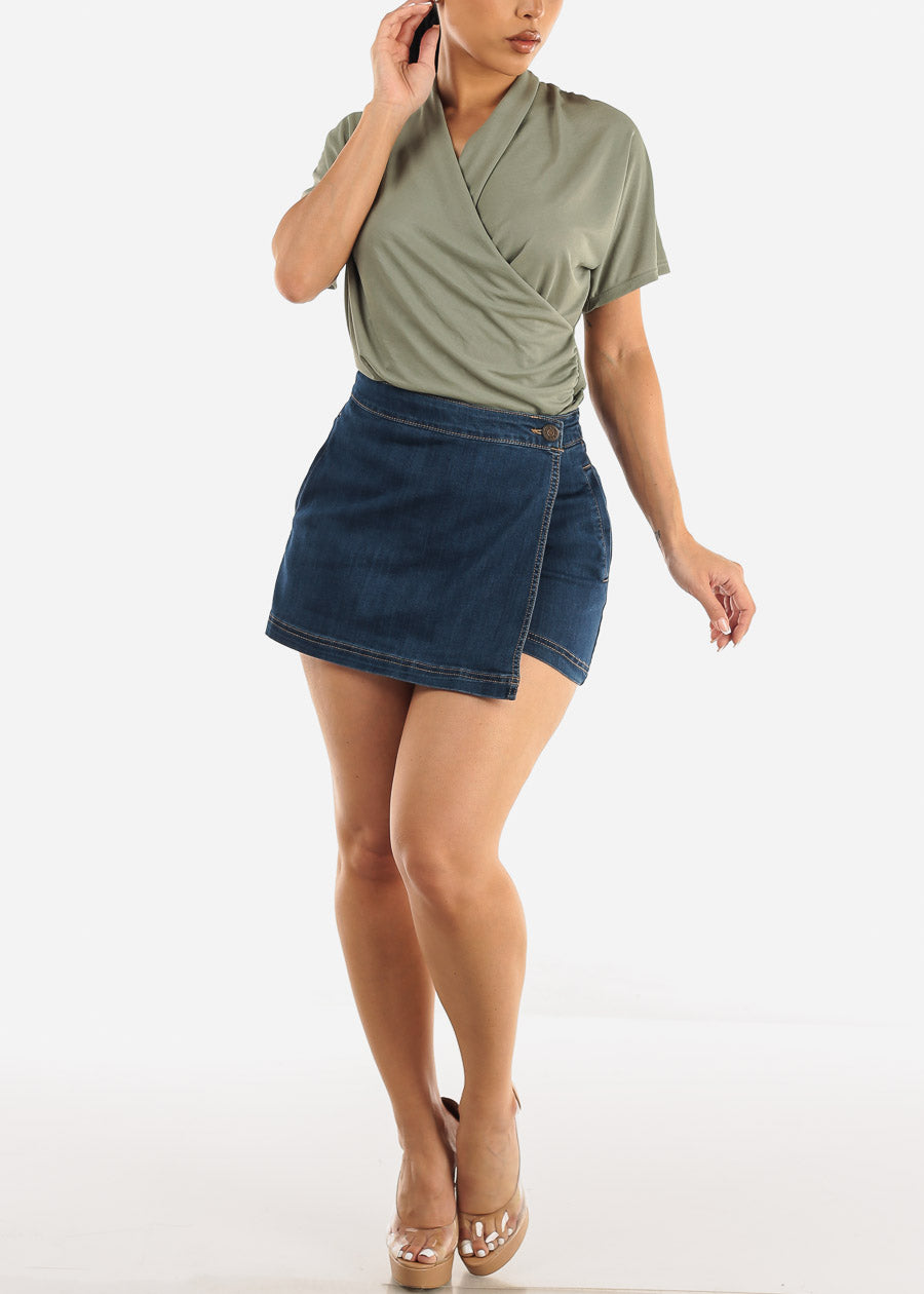 High Waisted Wrap Front Denim Skort Med Wash