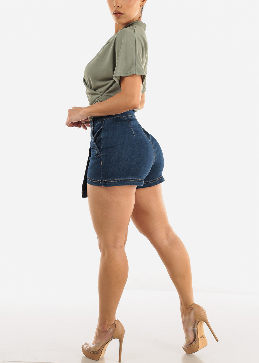 High Waisted Wrap Front Denim Skort Med Wash