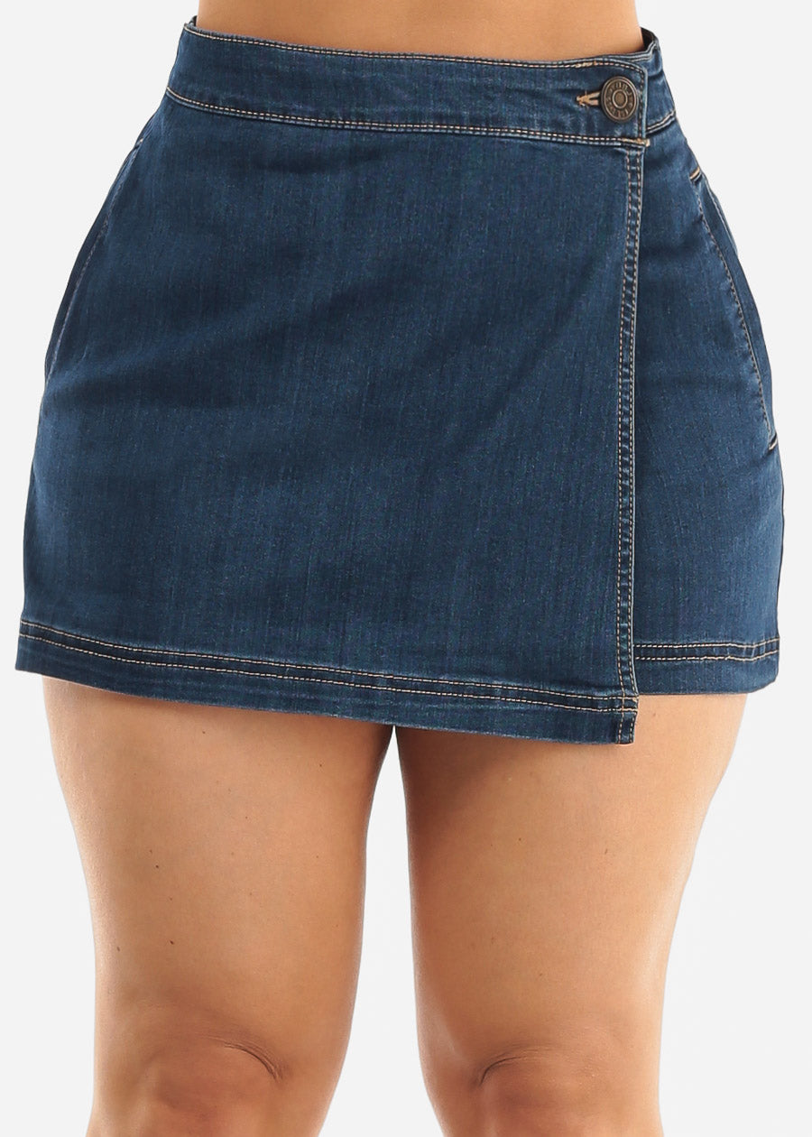 High Waisted Wrap Front Denim Skort Med Wash