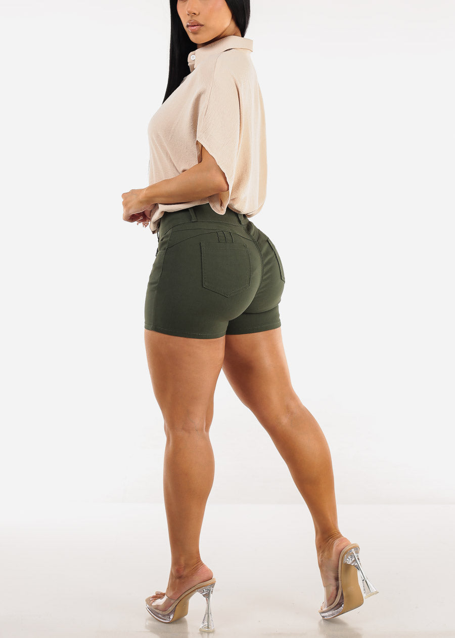 MX JEANS High Waist Hyper Stretch Butt Lifting Shorts Olive