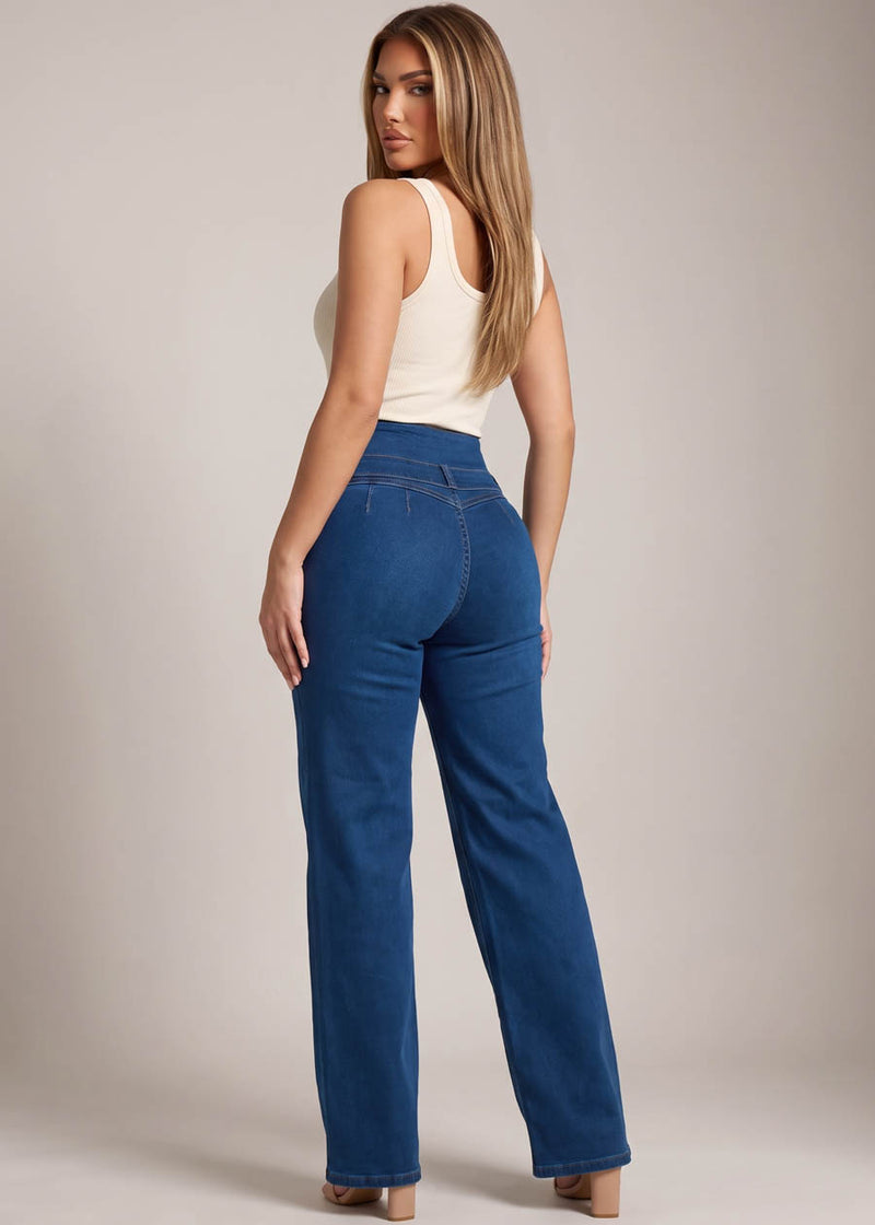 MX JEANS Butt Lift Thick Waist Wide Leg Stretch Jeans Dark Blue