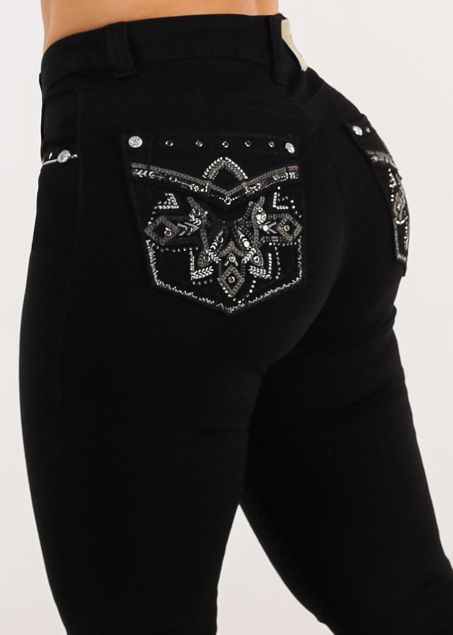 Stretchy High Waist Black Bootcut Jeans w Back Pocket Design
