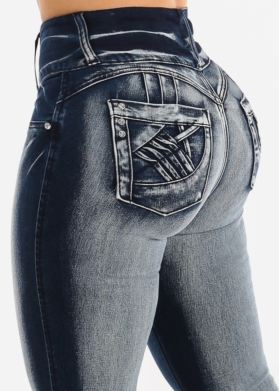 High Waisted Butt Lifting Acid Wash Skinny Jeans