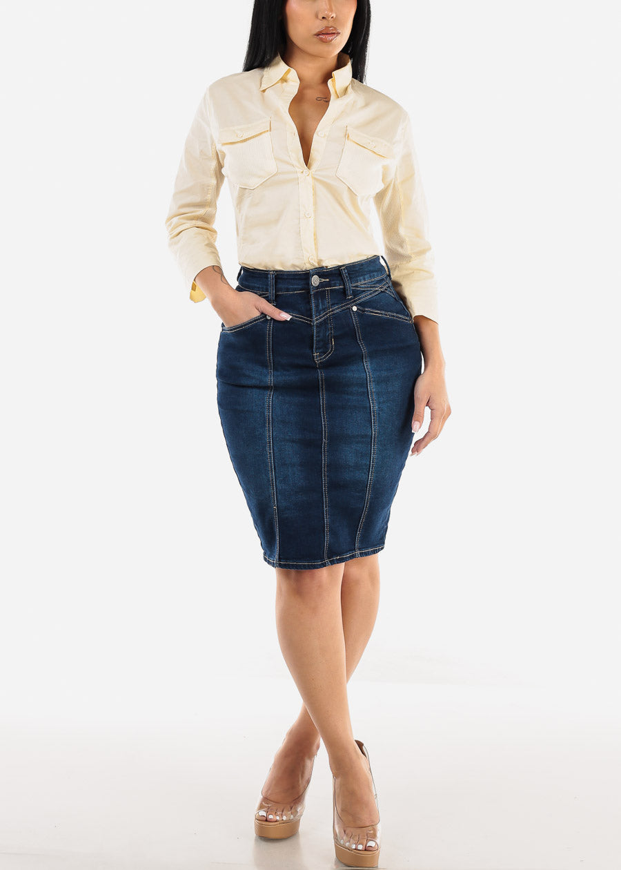 Classic 1 Button High Waist Denim Pencil Skirt Dark Blue