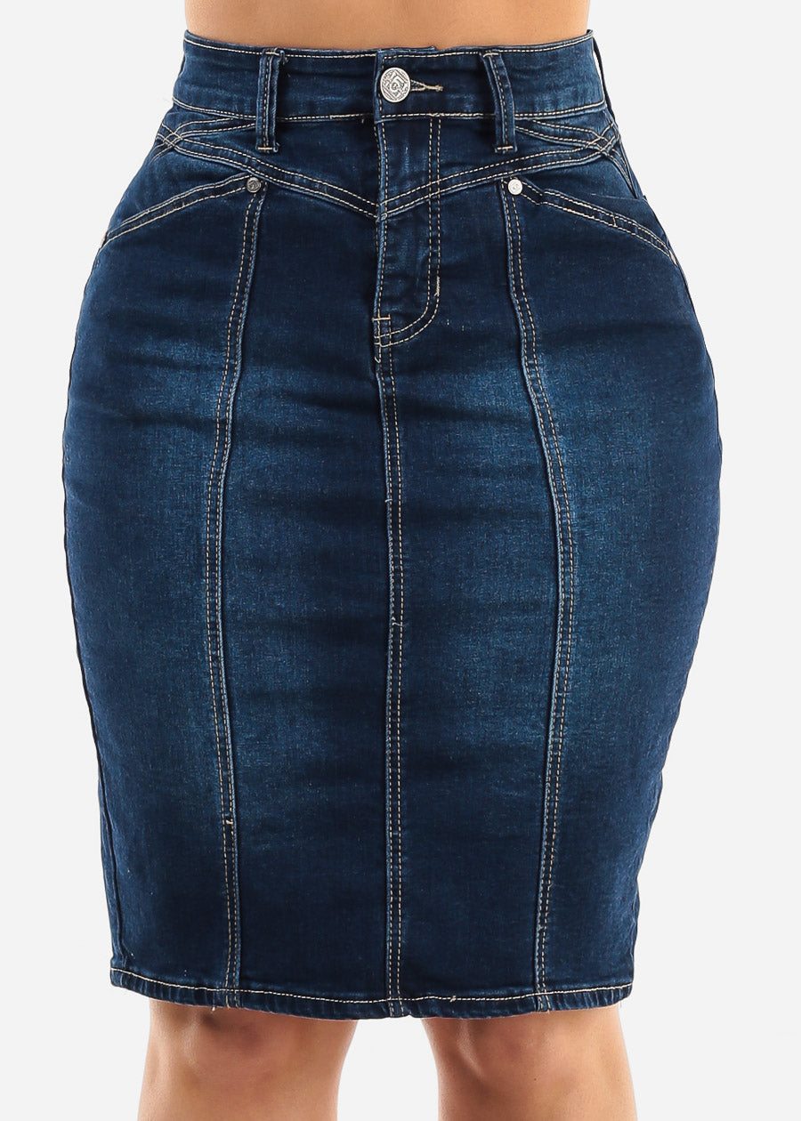 Classic 1 Button High Waist Denim Pencil Skirt Dark Blue