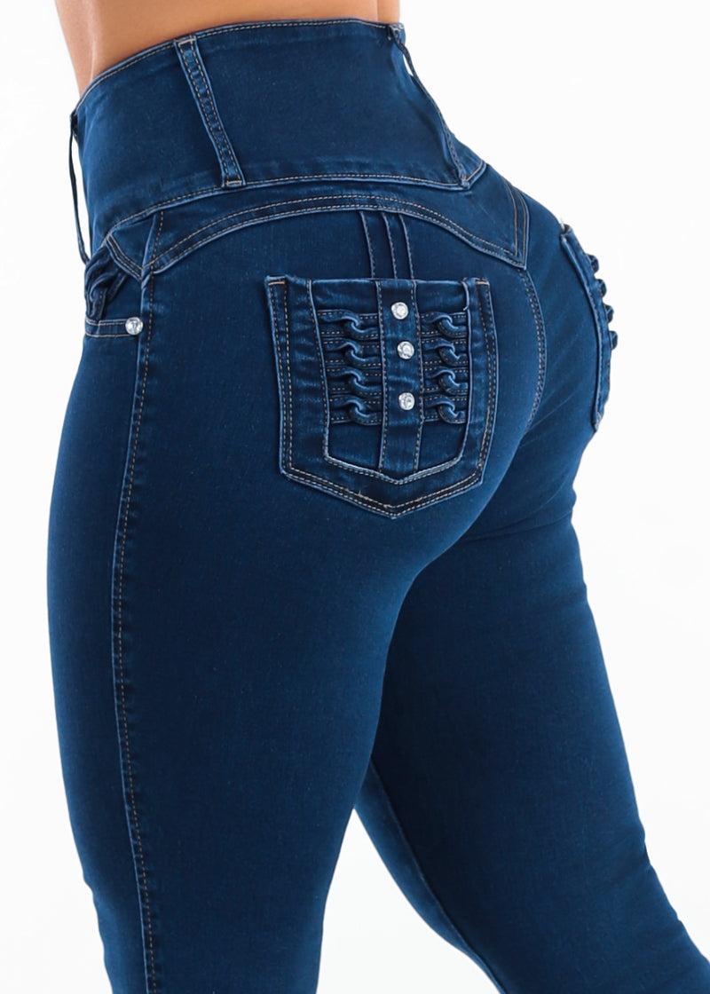 MX JEANS Butt Lift High Waist Stretch Skinny Jeans Dark Wash w Back Pocket Design