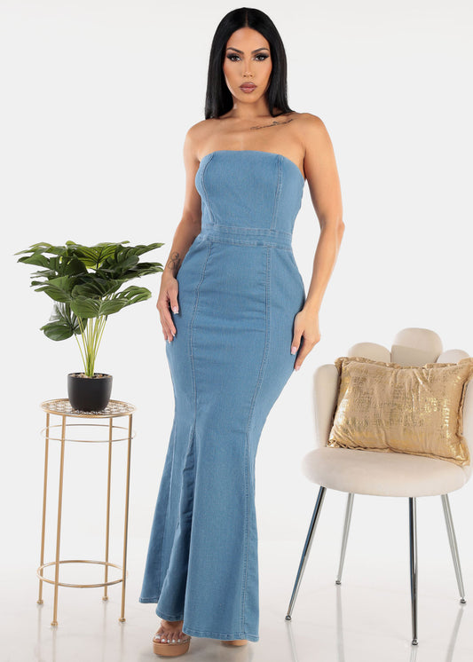 Strapless Denim Mermaid Maxi Dress Med Blue