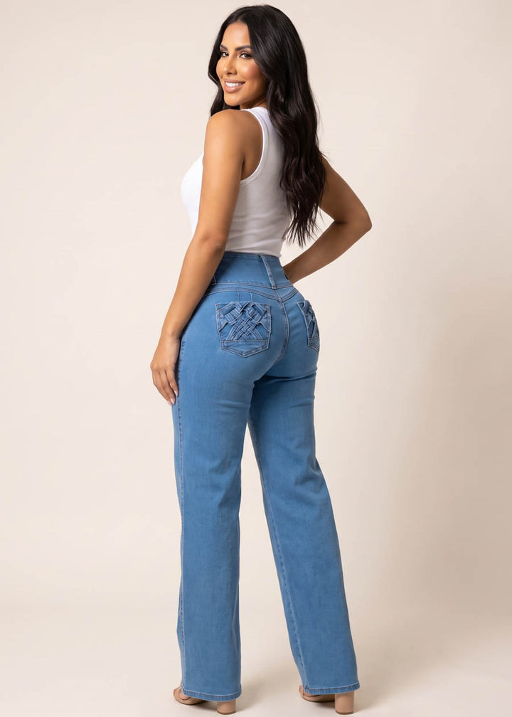 MX JEANS Butt Lift High Waist Wide Leg Stretch Jeans Med Blue