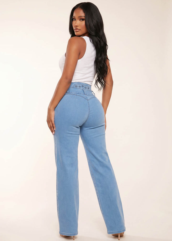 MX JEANS Embroidered Back Butt Lift Wide Leg Stretch Jeans Light Blue