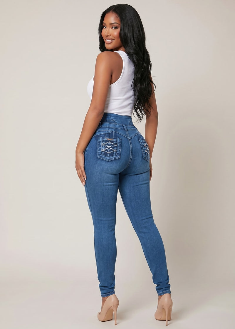 MX JEANS Butt Lift Super High Waist Stretch Skinny Jeans Sand Wash w Back Pocket Design