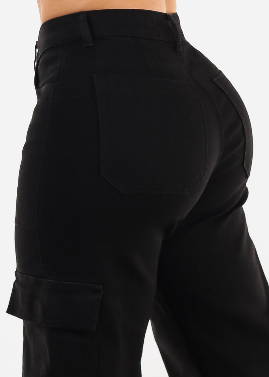 Butt Lift Stretchy Straight Wide Leg Cargo Jeans Black